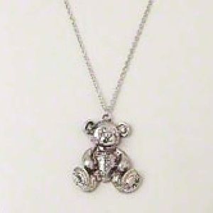 TEDDY BEAR ANTIQUED SILVER-FINISHED PEWTER-LOOK NECKLACE, WITH GLASS RHINESTONES